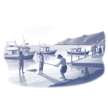 A coastal scene depicting individuals engaged in spearfishing. One person is standing at the water's edge, holding a spearfishing spear, while another individual is wading in the water, aiming their spear at a fish swimming below the surface. In the background, there are traditional fishing boats moored to a wooden dock, and nearby, a small group of people are preparing their catch on the shore. The area is surrounded by lush greenery and distant cliffs, capturing the essence of the coastal environment.