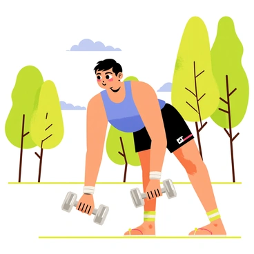 A person performing dumbbell rows with a focused expression. The individual has short black hair and is wearing a blue tank top and black shorts. They are bent over at the waist, gripping a shiny silver dumbbell in each hand. The sun casts warm light on the scene, creating a bright atmosphere. In the background, there are tall green trees with lush leaves, contributing to the park's natural environment. A clear blue sky is visible above, adding to the outdoor setting.