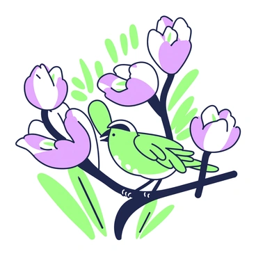 A small bird with detailed feathers is perched on a crocus flower branch. The branch is adorned with multiple blooming crocus flowers, showcasing their distinct shapes. The bird is facing forward, with its head slightly tilted and its beak closed. The background features additional green foliage, enhancing the botanical atmosphere of the scene. The overall composition emphasizes the delicate relationship between the bird and the flowering branch.