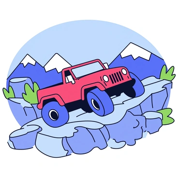 An off-road jeep with a bright red body is climbing a rugged mountain trail. The jeep has large, knobby tires designed for rough terrain. Surrounding the trail are rocky outcrops and patches of green vegetation. In the background, towering mountains rise with jagged peaks under a clear blue sky. Dust is kicked up from the jeep's tires as it navigates the uneven path.