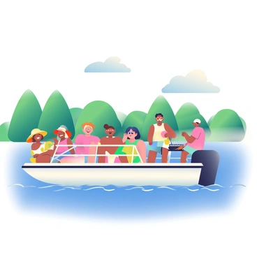 A lively pontoon boat is floating on a sparkling blue lake. The boat is filled with a diverse group of people, all wearing colorful summer clothing. Some individuals are sitting on the edge of the boat, laughing and chatting, while others are standing and taking in the view. A young girl with a sun hat is holding a beach ball, and a man wearing sunglasses is grilling on a small barbecue set up on the boat. In the background, lush green trees line the shore, and a few fluffy white clouds dot the bright blue sky.