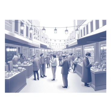 A vintage street market scene filled with numerous people engaging in shopping activities. Stalls are lined up along the street, displaying various goods such as handcrafted items, fresh produce, and vintage trinkets. Lanterns are hanging overhead, casting a warm light over the bustling crowd. Some individuals are haggling with vendors, while others are examining items with interest. In the background, there are buildings with classic architectural features, adding to the historical atmosphere of the market.
