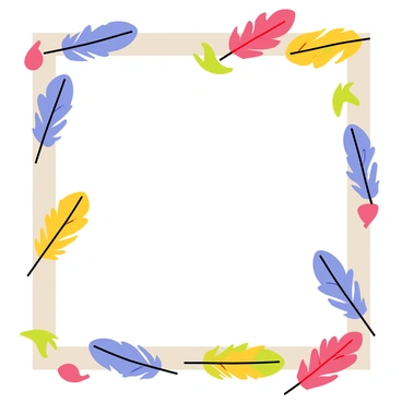 A rectangular frame adorned with an assortment of vibrant bird feathers. The feathers display a range of colors including bright blues, rich reds, sunny yellows, and deep greens. Each feather is intricately placed around the edges of the frame, creating a lively and dynamic border. The background of the frame is a subtle light color that highlights the vividness of the feathers.