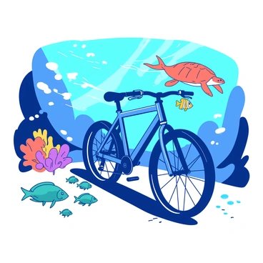 A blue bicycle is racing through an underwater scene. The bicycle has a sleek design and vibrant details, with bubbles trailing behind it as it moves. Around the bicycle, various marine life is swimming. A yellow clownfish darts playfully near the handlebars, while a school of teal fish swims alongside the bike. Colorful coral formations provide a vivid backdrop, and a large orange sea turtle glides gracefully in the distance. Sunlight filters down from the ocean surface, creating a shimmering atmosphere that enhances the excitement of the underwater race.