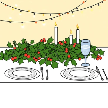 A festive dining table covered with a white tablecloth. The table is adorned with a lush arrangement of dark green holly leaves, featuring bright red berries scattered throughout. Twisting tendrils of ivy weave through the arrangement, adding a touch of elegance. A few candles, some tall and others short, are placed among the greenery, glowing softly. The table has two plates with intricate designs, a fork and a knife on either side, and a glass filled with sparkling water. In the background, a string of lights adds a warm glow to the scene.