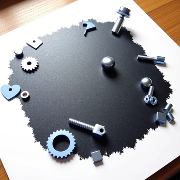 An art piece is displayed on a flat surface, created using magnetic paint. The background features a textured application of black magnetic paint, which creates a unique, tactile quality. Various metallic objects are strategically placed on the surface, including small gears, screws, and metallic shapes, showcasing a blend of elements that interact with the magnetic paint. The arrangement of these objects forms an abstract composition that evokes a sense of creativity and innovation. Light reflects off the surfaces of the metallic elements, adding depth and interest to the overall presentation.