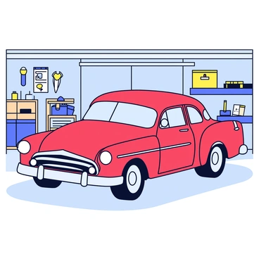 A classic vintage car with a shiny red exterior, parked in a spacious garage. The car features chrome accents and elegant curves, highlighting its retro design. The garage has concrete walls and a polished floor, with tools and car-related items neatly arranged on wooden shelves. The car's surface showcases detailed stippling patterns that add texture and depth to its appearance.