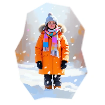 A person standing in a snowy landscape, bundled up in multiple layers of winter clothing. They are wearing a thick, insulated jacket with a fur-lined hood, paired with a colorful scarf wrapped around their neck. Their hands are covered with warm gloves, and they are wearing a knitted beanie on their head. Snowflakes are gently falling around them, and the ground is blanketed with a thick layer of snow, creating a picturesque winter scene.