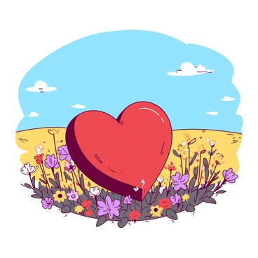 A red love chair is positioned prominently in the center of a vibrant field filled with various wildflowers in shades of yellow and purple. The chair features a heart-shaped backrest and plush cushions. Surrounding the chair, wildflowers bloom with different colors and sizes, swaying gently in a light breeze. Above, a clear blue sky stretches endlessly, dotted with a few small, fluffy white clouds. The scene captures a sense of warmth and romance, with the sunlight illuminating the love chair and the wildflowers around it.
