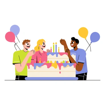 A group of three friends celebrating a birthday. One friend has brown hair and is wearing a green shirt, while another has blonde hair and is dressed in a red dress. The third friend has black hair and is in a blue t-shirt. They are gathered around a large, colorful cake decorated with vibrant icing and candles. Surrounding them are several bright balloons in various colors, floating in the air. The scene conveys a joyful and festive atmosphere as they smile and prepare to cut the cake.
