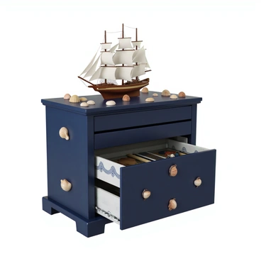 A nautical-themed secretaire made of polished wood, featuring intricate carvings and a deep blue finish. It is adorned with various seashells of different sizes and colors, embedded along the edges and corners. On the top of the secretaire, there is a detailed model ship with white sails and a wooden hull, positioned prominently. The interior of the secretaire reveals neatly organized compartments and drawers, some of which are lined with soft fabric patterned with ocean waves. The overall design reflects a coastal aesthetic with a harmonious blend of marine elements.