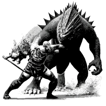 A powerful figure, Kratos, is depicted in a dynamic pose, wielding a weapon as he faces a massive dragon. The dragon towers over him, its scales appearing textured and imposing. Kratos has a fierce expression, showcasing determination. Flames and sparks are erupting around the combatants, creating a vibrant atmosphere of action. The ground is littered with debris, emphasizing the intensity of the battle.