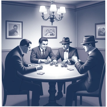 A dimly lit back room filled with an atmosphere of tension. A round wooden table is surrounded by several mafia characters, each exhibiting distinct features and expressions, deeply engrossed in a high-stakes poker game. One character, a burly man with slicked-back hair, leans in closer to scrutinize his hand of cards. Across from him, a thin man with a fedora tilts it slightly, a sly smile playing on his lips as he places a stack of chips in the center of the table. The walls are adorned with old photographs and shadows loom, hinting at the secrets held within this hidden space. An ornate chandelier hangs above, casting a subtle light over the intense faces of the players.
