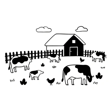 A tranquil farm scene featuring several cows grazing in a grassy field. Chickens are scattered around the ground, pecking at the soil. In the background, there is a large red barn with a slanted roof, surrounded by a wooden fence. The sky is clear, and a few fluffy clouds are visible above the barn, adding to the serene atmosphere of the farm.
