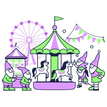 A vibrant carnival scene featuring several gnomes enjoying themselves. In the center, there is a vintage carousel with colorful horses, spinning gracefully. Surrounding the carousel, gnomes can be seen laughing and interacting with each other, some holding candy sticks. On one side, a candy stand displays various candies in glass jars, with gnomes selecting treats. Brightly colored bunting hangs between the stands, adding to the festive atmosphere. In the background, a ferris wheel is visible, towering over the carnival.