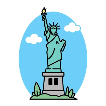 The "Statue of Liberty" stands tall on a small island. The statue is depicted in green copper, showcasing her classic robe and crown with seven spikes. She holds a golden torch high in her right hand. The background features a bright blue sky with a few fluffy white clouds scattered across it. The base of the statue is surrounded by a simple stone pedestal. Green grass and a few small trees are visible in the foreground, framing the scene.