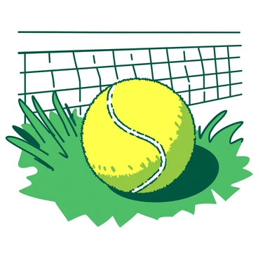 A close-up of a bright yellow tennis ball resting on the lush green grass. The texture of the grass is vivid and well-defined, with individual blades visible. In the background, a taut white tennis net stretches across the image, slightly blurred to emphasize the focus on the tennis ball. The lighting highlights the fuzzy surface of the ball, showcasing its intricate details.