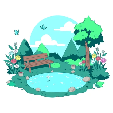A teal garden filled with vibrant flowers of various colors encircles a small, serene pond. The pond's surface is calm, reflecting the blue sky above. A wooden bench sits beside the pond, inviting relaxation, and a few small stone lanterns are placed strategically around the area. Butterflies flutter above the flowers, and a gentle breeze rustles the leaves of nearby trees, enhancing the tranquil atmosphere of the scene.