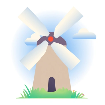 A large windmill with three white blades is standing in a countryside setting. The blades are rotating swiftly, creating a sense of motion. The windmill's tower is painted a light brown, and it is surrounded by green grass and a few wildflowers. In the background, a bright blue sky stretches across the scene, dotted with a few fluffy white clouds. A gentle breeze can be inferred by the way the blades spin and the slightly rustling grass below.