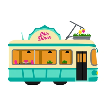 A vintage tram with intricate art deco design elements features bold geometric patterns and metallic accents. The exterior of the tram is painted in a combination of turquoise and cream colors. Large windows line the sides, showcasing the interior where cozy booths and a counter with shiny chrome stools are visible. Neon lights spell out "Chic Diner" above the entrance, casting a warm glow in the evening setting. Potted plants adorn the small balcony, adding a touch of greenery to the scene.