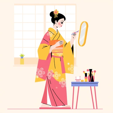 A geisha standing in a softly lit room, preparing for the day. She has a delicate face and is focused on fastening her vibrant colored kimono. The kimono features intricate floral patterns in shades of red and gold. Her hair is styled in an elegant updo, adorned with shiny hairpins and a flower ornament. On a small table beside her, an array of traditional makeup tools and accessories are neatly arranged. The scene captures her concentration as she glances at a mirror, carefully applying her makeup with precision. The atmosphere reflects a sense of tradition and dedication to her craft.