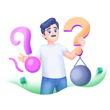 A character with a puzzled expression stands, looking confused. They hold a large, oversized question mark in one hand, while a heavy weight dangles from the bottom of the question mark. The character's eyebrows are raised, and their mouth is slightly open in disbelief. Their clothing is casual, consisting of a simple t-shirt and jeans. The background consists of soft pastel colors that create a light atmosphere around the character.