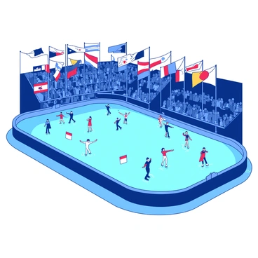 An international figure skating competition with flags of different countries displayed.