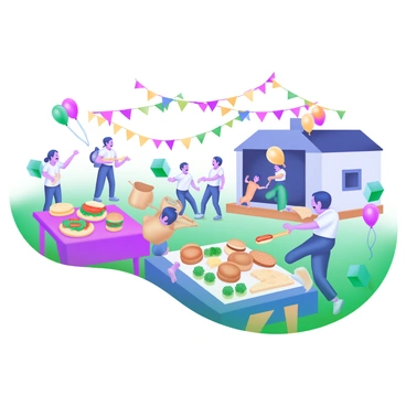 A vibrant neighborhood block party scene featuring families gathered together. In the foreground, children are playing games such as sack races and tug-of-war, while adults are chatting and laughing. Colorful picnic tables are laden with an assortment of food, including burgers, hot dogs, and fresh fruit. Balloons in various colors float above the scene, and a small stage is set up with a band playing music. Decorations like streamers and banners add to the festive atmosphere, creating a sense of community and joy.