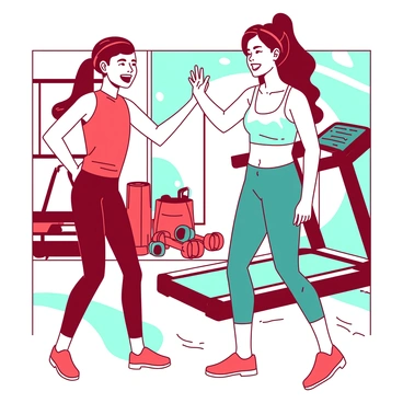 A red gym member with a beaming smile is high-fiving their trainer, who is wearing a teal workout outfit. The gym environment features exercise equipment in the background, including weights and a treadmill. Bright lights illuminate the area, enhancing the energetic atmosphere. The trainer has an encouraging expression, and both individuals appear filled with enthusiasm and accomplishment after the workout session.