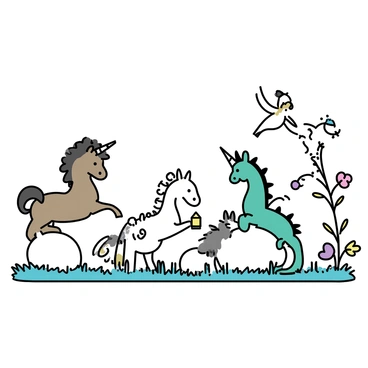 A centaur with brown fur and a flowing mane is sitting on a large rock, facing a friendly dragon with emerald green scales and small wings. A unicorn with a shimmering white coat stands beside them, its horn spiraling elegantly. Nearby, a sprite with delicate wings flutters around, holding a tiny lantern. In the background, a satyr with goat legs leans against a tree, strumming a simple flute. All the creatures are surrounded by lush grass and blooming flowers, creating a vibrant atmosphere as they share stories and laughter.