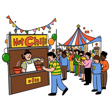 A festive carnival scene filled with colorful decorations and bright lights. In the foreground, there is a wooden booth with a large sign that reads "Hot Chili" in bold letters. The booth is adorned with streamers and balloons. Behind the counter, a cheerful vendor with light skin and short dark hair is ladling steaming bowls of chili into red plastic cups. The vendor is wearing a white apron over a striped shirt. A line of excited customers with diverse appearances is waiting eagerly, some holding tickets. In the background, carnival games and rides can be seen, adding to the lively atmosphere.