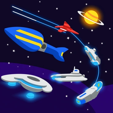 A bustling scene of various spacecraft navigating through a busy space traffic route. There are multiple sleek spaceships of different shapes and colors, including a large blue cargo ship with bright yellow stripes, a small red fighter jet darting between larger vessels, and a shiny silver cruiser with glowing blue lights. In the background, a glowing planet with visible rings is partially obscured by the dark expanse of space. Bright stars twinkle in the distance, and trails of light follow some spacecraft, indicating their fast movement through the cosmos.