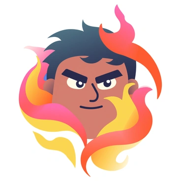 A close-up of a face with strong features is emerging from swirling flames. The flames are vibrant shades of orange, red, and yellow, creating a dynamic backdrop. The eyes of the face are intense and focused, with a determined expression. The hair is tousled by the heat of the flames, adding to the powerful presence of the figure. The flames dance around the face, illuminating the features with a fiery glow, enhancing the dramatic effect of the scene.