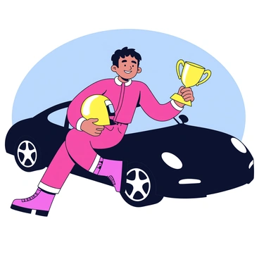 A smiling driver wearing bright red racing gear and a helmet resting on their hip. The driver is leaning against a sleek black Porsche with shiny rims. In their right hand, they hold a gleaming gold trophy with a large cup shape, reflecting the sunlight. The background is a clear blue sky.