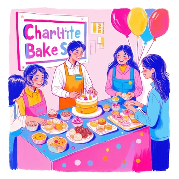 A person is standing behind a table filled with an assortment of baked goods for a charity bake sale. The table is covered with a vibrant tablecloth and is adorned with colorful cupcakes, cookies, and a large cake decorated with "charity" written in icing. The person is smiling, wearing an apron, and has a name tag pinned to their chest. They are engaging happily with several customers, who are choosing treats and exchanging money. There are cheerful balloons and a sign that reads "Charity Bake Sale" prominently displayed in the background.