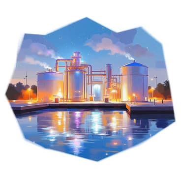 A well-lit water treatment plant operating under the night sky