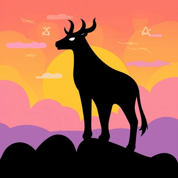 A silhouette of "Baphomet" stands prominently against a vibrant sunrise. The background features a gradient of orange, pink, and purple hues radiating from the horizon. The figure of Baphomet is outlined sharply, displaying its distinctive features such as the goat head and the pentagram. Wisps of clouds can be seen catching the light of the sunrise, adding depth to the scene. The foreground includes dark silhouettes of rocky terrain, giving a sense of grounding to the image.