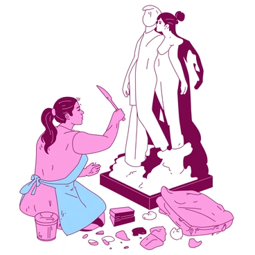 A pink female sculptor is intently chiseling a large white statue that represents gender equality. The statue features two figures, a man and a woman, standing side by side with their arms raised to symbolize unity. The sculptor is dressed in a light blue apron, her hair tied back in a bun, and she holds a chisel in one hand while the other hand steadies the statue. Chiseled stone fragments are scattered around her feet, illustrating the progress of her work. The background is filled with tools and materials typically found in a sculpting studio.