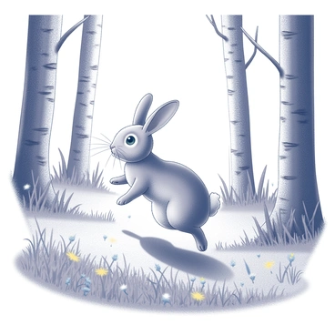 A rabbit in mid-hop is captured in a forest meadow. The rabbit has soft fur and expressive eyes, with its ears perked upright and its hind legs raised off the ground. The meadow is filled with tall grass and scattered wildflowers. Surrounding the scene are tall trees with textured bark, and sunlight filters through the branches, casting dappled shadows on the ground. The atmosphere is vibrant, and the scene conveys a sense of motion and liveliness.