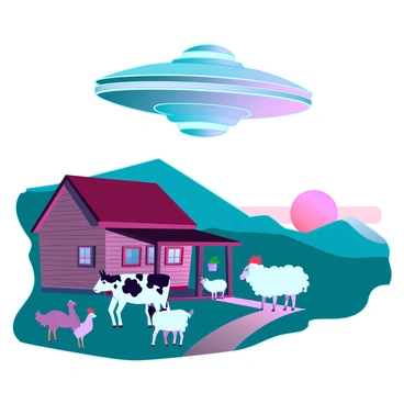 A quiet farmhouse with a wooden exterior and a sloping roof, nestled among rolling green hills. The sky is filled with a large, metallic UFO, hovering silently above the farmhouse. Below, several curious farm animals are gathered: a cow with black and white spots, a few chickens with bright feathers, and a sheep with fluffy white wool, all looking up at the UFO with wide eyes. The sun is setting in the background, casting a warm glow over the scene. The farmhouse has a small porch adorned with potted plants, and a dirt path leading up to it.