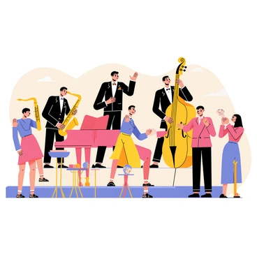 A jazz quartet consisting of a saxophonist, a pianist, a double bassist, and a drummer is performing on a small stage. The musicians are dressed in elegant suits and are fully engaged in playing vintage tunes. The saxophonist is playing a shiny brass saxophone, while the pianist is seated at a grand piano. The double bassist stands holding his large instrument, and the drummer is energetically playing a snare drum and cymbals. In front of the stage, several guests are clapping along to the music. The guests are dressed in stylish cocktail attire, showcasing a variety of colorful outfits. There are round tables with small decorative centerpieces scattered throughout the scene. A warm atmosphere is created with dim lighting and soft shadows, adding to the party vibe.