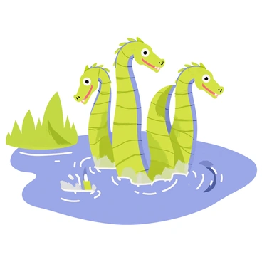 A serene lake with a multi-headed hydra emerging from the water