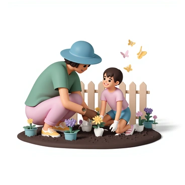A mother, wearing a blue sunhat, a green shirt, and brown gardening gloves, is kneeling beside her daughter in a small garden. The daughter, wearing a pink t-shirt and denim shorts, is holding a small spade. They are planting vibrant yellow and purple flowers in the rich, dark soil. The mother is gently pointing to a spot in the garden, while the daughter looks up at her with a smile. Around them, several flower pots are neatly arranged, adding color to the scene. In the background, there is a wooden fence and a few butterflies fluttering nearby.