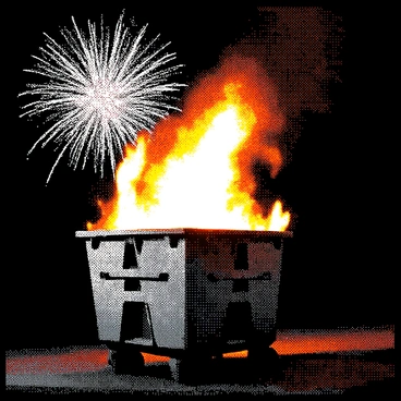 A dumpster is burning, producing bright flames and thick smoke that billows into the air. The dumpster is metal with a worn, distressed surface, and the fire is vibrant and dynamic. In the background, fireworks explode in the night sky, creating a dazzling display of lights and shapes. The contrast between the dark sky and the bright colors of the fireworks is striking, while the dumpster fire emits an orange glow. The scene captures a chaotic yet lively atmosphere.