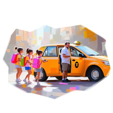 A group of excited children getting into a taxi for a school field trip