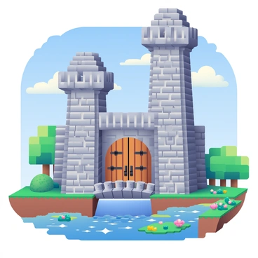 A grand medieval castle made of cobblestone and wooden beams stands tall in a vibrant Minecraft world. The castle features tall, crenelated towers that rise majestically against a clear blue sky. Large wooden doors adorned with iron fixtures are positioned at the entrance. Surrounding the castle, there is a lush green landscape with pixelated trees and colorful flowers. A moat filled with sparkling water runs around the castle, and a stone bridge connects the entrance to the surrounding land. Above, pixelated clouds drift lazily, adding to the enchanting feel of the scene.