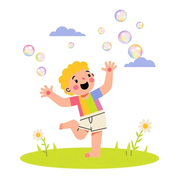 A baby with curly hair wearing a colorful onesie is playing on a grassy lawn. The baby is reaching out with both hands, joyfully chasing iridescent soap bubbles floating in the air. The bubbles are various sizes, reflecting a spectrum of colors. The sunlight creates a warm glow, enhancing the cheerful atmosphere. In the background, there are a few daisies and a blue sky dotted with fluffy white clouds. The scene captures the essence of playful innocence and joy.