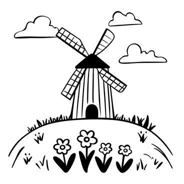 A large windmill with wooden blades standing prominently on a grassy hill. In the foreground, clusters of cornflowers with distinct petals spread out across the ground. The windmill's structure features a textured wooden exterior and a thatched roof. Several blades of grass sway gently around the base of the windmill, while the cornflowers add to the landscape with their detailed floral shapes. The sky above showcases a few scattered clouds, adding depth to the scene.
