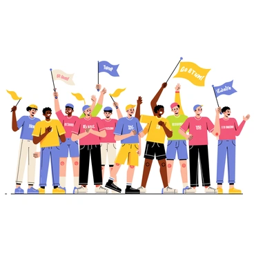 A small crowd of diverse fans stands together, all wearing colorful team jerseys and hats. They are cheering passionately, with some waving flags and others holding banners that read "Go Team!" and "We Believe!" The expressions on their faces show excitement and determination. In the background, a partially visible scoreboard displays a close score in favor of the home team. Some fans are jumping up and down, while others are clapping and shouting, creating a lively atmosphere.