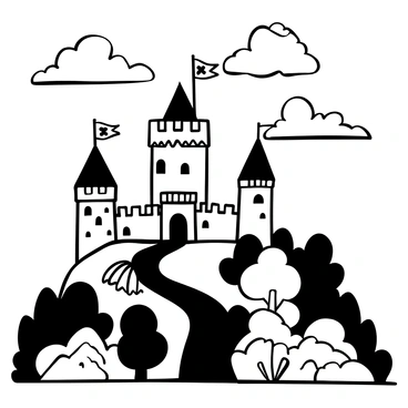 A grand medieval castle perched on a hilltop, with towering stone walls and intricate battlements. Flags with heraldic symbols are flying from the highest towers. Surrounding the castle, a dense forest of trees is visible, and a winding path leads up the hill. The sky above is filled with swirling clouds, adding a dramatic atmosphere. In the foreground, a few rocky outcrops add depth to the landscape.